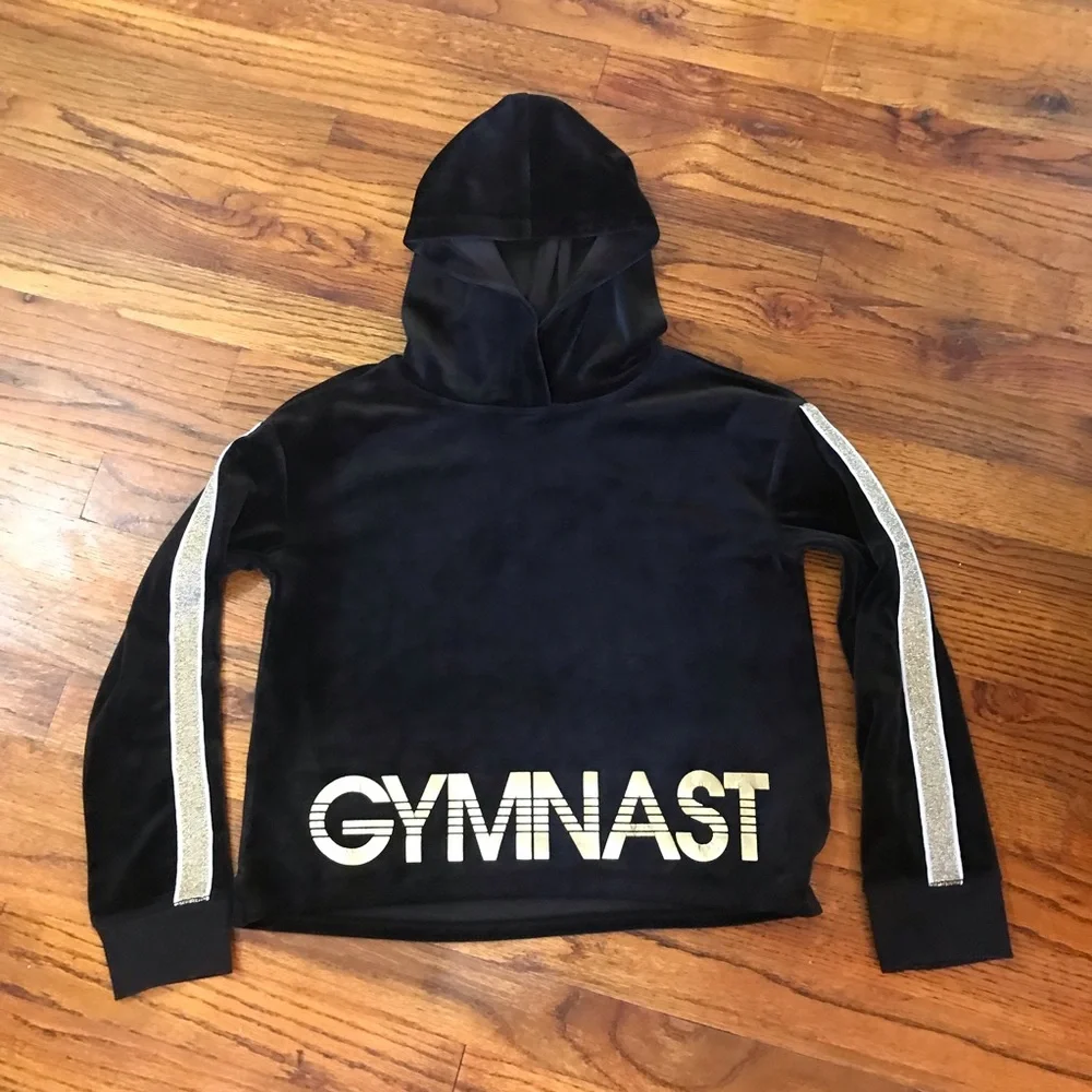 Girls Justice Active Gymnast Hooded Hoodie Blouse Top Black w/ Gold Graphics 10